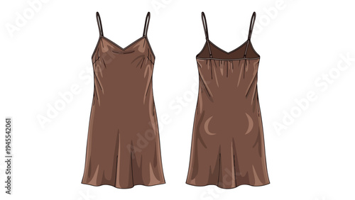 Elegant brown camisole slip dress presented in a dual-view fashion illustration, showcasing both front and back aspects of this essential garment
