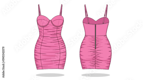 Vibrant pink ruched mini dress technical flat sketch with front and back views for fashion design