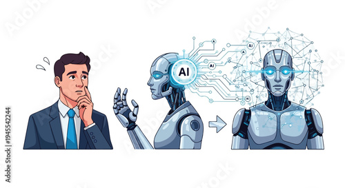 Flat 2D illustration of a businessman thinking replaced by AI robots with circuit board pattern on a white background.