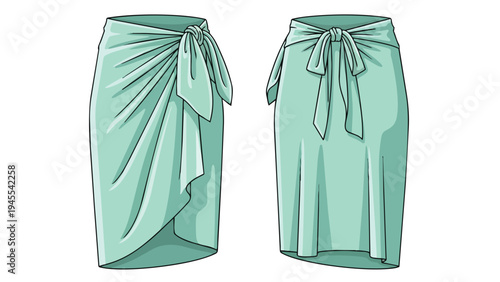 Elegant mint green wrap skirt fashion flat sketch showcasing a gracefully tied waist and flowing draped fabric perfect for stylish casual wear