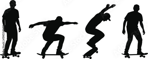 Skateboarder silhouette set collection, skateboard trick jumping riding sport action vector illustration isolated