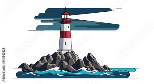 Illustration of a red and white lighthouse on rocky coastline.