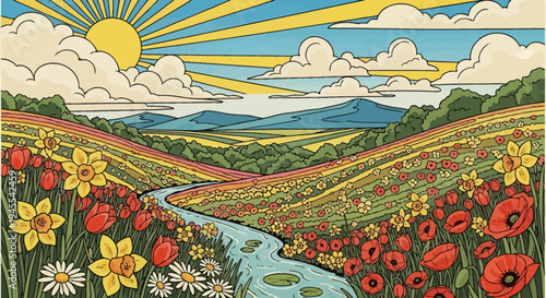 Vibrant Spring Meadow with Winding River and Sunburst Sky