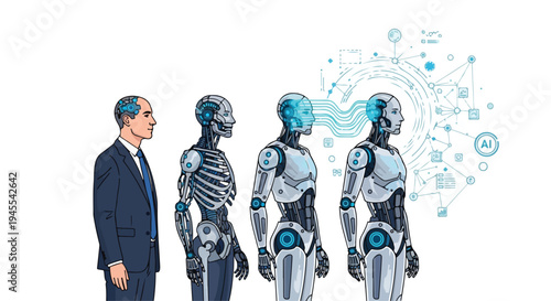 A businessman in a suit stands next to humanoid robots with a blue circuit pattern, representing AI automation replacing jobs, against a white background with a flat 2D concept.