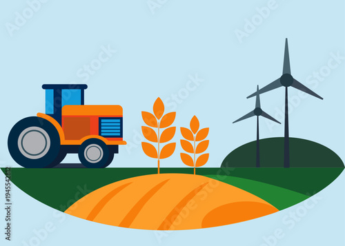 Sustainable agriculture concept with tractor, wheat crops and wind turbines on farmland landscape – renewable energy, eco farming, green technology and rural development vector illustration