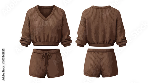 Warm cocoa brown ribbed knit loungewear set featuring a relaxed v-neck crop top and adjustable drawstring shorts perfect for cozy home comfort and