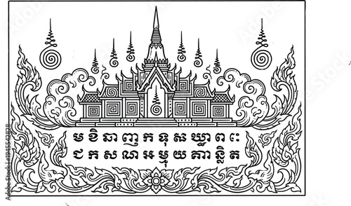 Traditional Thai temple line art with sacred script and ornate flames, Buddhist architecture cultural heritage vector illustration decorative design