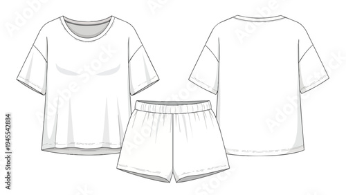 Technical flat sketch of a comfortable oversized t-shirt and elastic waist shorts design ideal for casual wear and sleepwear fashion design