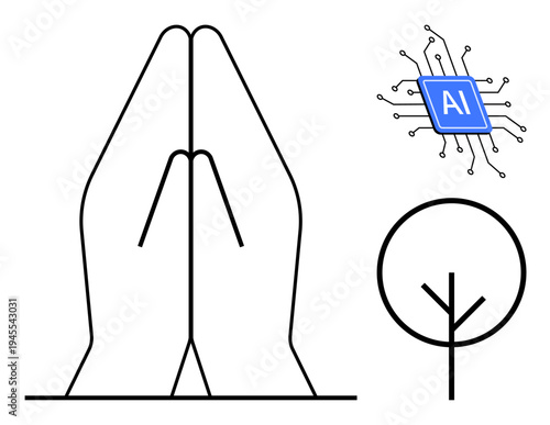 Spirituality, artificial intelligence, unity, nature conservation, balance, futuristic concepts. Outlined praying hands, AI microchip minimalist tree. Spirituality and artificial intelligence