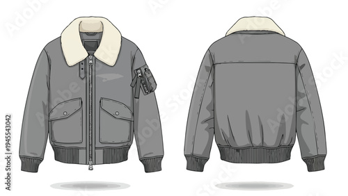 Detailed technical illustration of a modern gray bomber jacket featuring a plush faux shearling collar, front utility pockets, and ribbed details