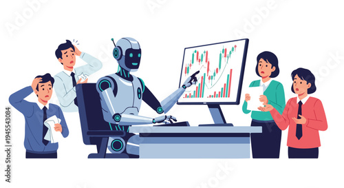 Flat 2D illustration of a robot presenting a graph to a group of people with concerned expressions in a modern editorial concept setting.