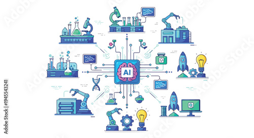 Flat 2D illustration of an AI ecosystem with various technology and industrial icons connected to a central AI symbol on a white background.