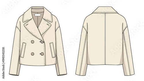 Detailed fashion flat sketch illustrating a contemporary cropped double-breasted jacket, featuring precise front and back views ideal for garment