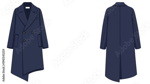 Stylish navy blue double-breasted trench coat with asymmetric hem design fashion illustration garment front and back views elegant outerwear apparel