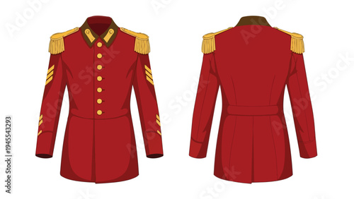 Formal red uniform jacket illustration featuring ornate gold epaulets and distinctive sleeve insignia