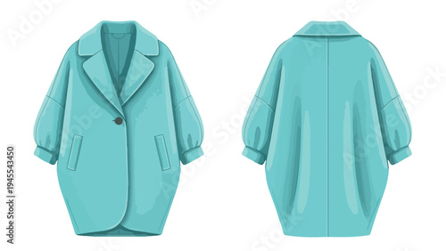 Modern oversized teal coat illustration showcasing elegant women's fashion with distinct front and back views