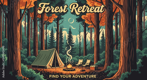 Cozy Forest Retreat: Tent, Campfire, and Chairs Under Autumn Trees