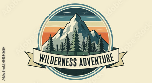Retro Wilderness Adventure Emblem with Mountain, Trees, and Sunset Stripes