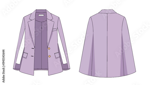 Elegant lavender cape blazer technical flat drawing displaying front and back views of modern women's apparel design for sophisticated outerwear