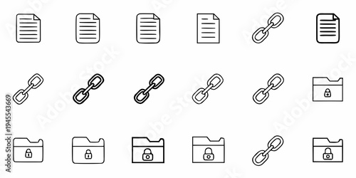 A set of line art icons depicting documents, links, folders, and secure files.