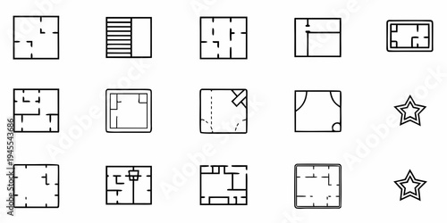 A collection of minimalist floor plan icons and star ratings in a simple line art style