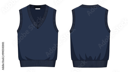 Classic navy blue v-neck sleeveless sweater, presented in crisp front and back views, ideal for layering or uniform attire, offering timeless