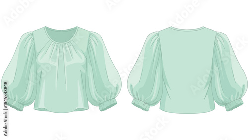 Elegant mint green peasant blouse design with voluminous sleeves front and back views fashion illustration template