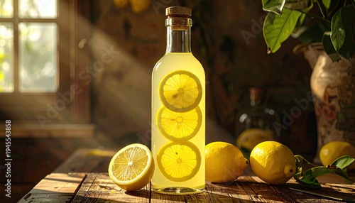 Lemonade bottle with lemon slices sits on a wooden table, window sunlit background, for refreshing drink