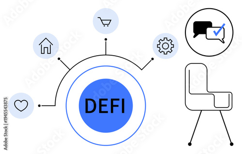 Central DEFI circle linked to icons for gear, house, shopping cart, heart, chat. Ideal for blockchain, cryptocurrency, innovation fintech networking digital economy teamwork. Minimal and simple
