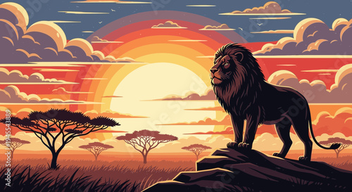 Majestic Lion Standing on Rock at Sunset in African Savannah