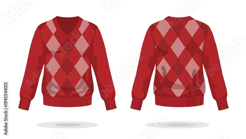 Classic red argyle v-neck sweater vector art, front and back views, timeless fashion apparel