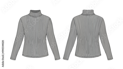 Precise technical illustration of a versatile women's high-neck long-sleeve top featuring intricate ribbed texture rendered in monochrome for clear