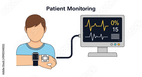 Infographic illustration of a patient wearing a blood pressure monitor connected to a computer screen displaying vital signs in a futuristic flat 2D style with a technological theme.