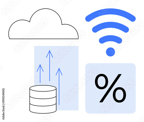 Technology, cloud storage, data transmission, analytics, internet access, wireless connectivity. Cloud, database upward arrows wireless symbol percent sign. Technology and cloud storage