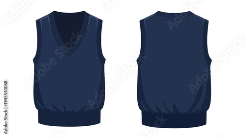 Sophisticated deep navy blue v-neck sweater vest presented with both front and rear perspectives, a timeless sleeveless garment perfect for layering