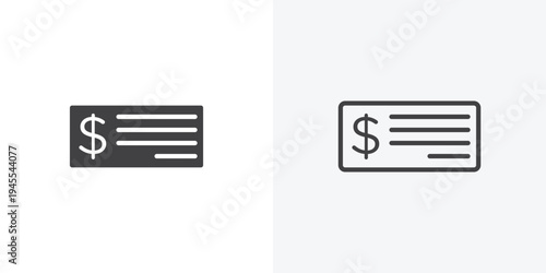 Money check icon vector sign symbol isolated on white. Stroke and clipart style