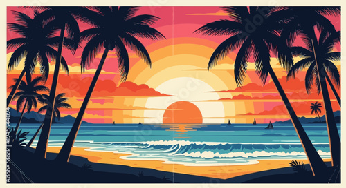 Vibrant Tropical Sunset Beach Scene with Palm Trees and Ocean Waves