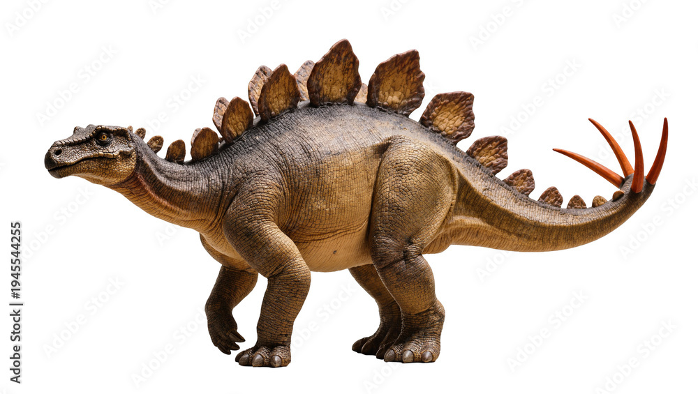 Fototapeta premium Isolated powerful Stegosaurus dinosaur with distinctive plates and tail spikes, ancient prehistoric creature