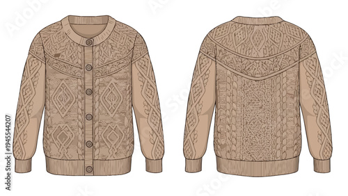 Fashion illustration of a classic cable knit cardigan in a neutral tone with intricate front and back designs