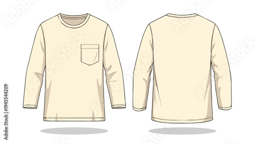 Versatile long sleeve t-shirt design template with a convenient front chest pocket and a clean plain back view an adaptable apparel illustration