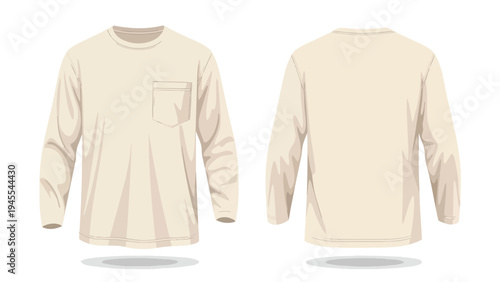 Versatile blank long-sleeve cream t-shirt mockup featuring a crew neck and chest pocket, front and back views, ideal for customizable garment design