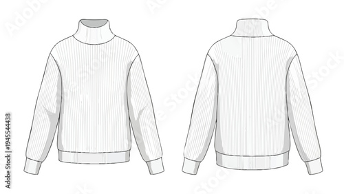 Technical flat sketch of a ribbed turtleneck sweater with dropped shoulders design