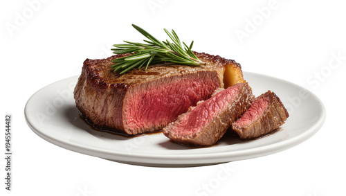 Isolated perfectly cooked beef steak with fresh rosemary on a plate, sliced showing tender red meat
