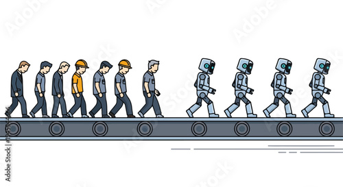 Flat 2D illustration of people walking in a line transforming from business attire to futuristic space suits on a conveyor belt against a white background.