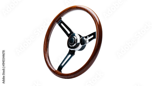 Isolated classic vintage car steering wheel with polished wooden rim and chrome spokes