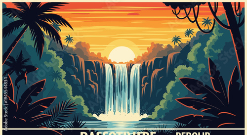 Vibrant Tropical Waterfall at Sunset, Lush Jungle Scenery, Exotic Paradise Landscape