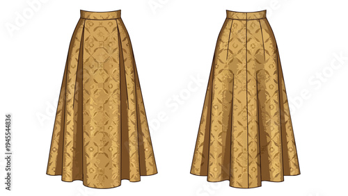 Elegant golden pleated maxi skirt fashion technical flat sketch. Detailed textile design illustration for apparel creation and pattern drafting