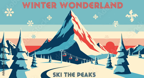 Winter Wonderland Ski Resort Poster: Majestic Mountains, Ski Lift, Snowflakes, and 'Ski the Peaks' Slogan