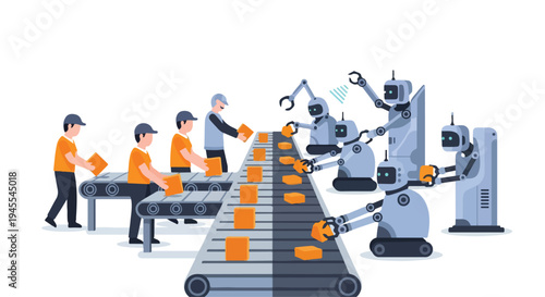 Flat 2D illustration of workers and robots collaborating on an assembly line with automation and AI integration, showcasing jobs and industrial concept.
