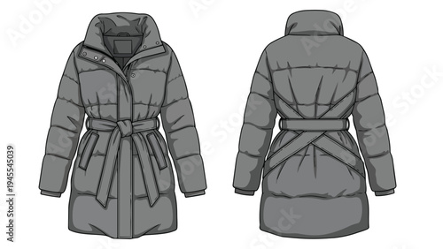 Accurate technical flat sketch showcasing a women's long belted puffer jacket, displaying complete front and back views for precise apparel design